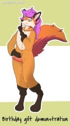 absurd_res anthro canid canine clothing english_text femboy fox fur genitals hair hi_res kigurumi knot knotted_penis long_hair looking_at_viewer male mammal nova_(novav33) novav33 onesie orange_body orange_fur penis pink_hair presenting presenting_penis solo standing text