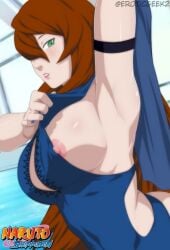 1girls arm_support arm_up armpits ass auburn_hair bare_shoulders blue_one-piece_swimsuit blue_swimsuit breasts casual_one-piece_swimsuit cleavage clothing copyright_name covered_navel eroticgeek2 female female_only flower green_eyes hair_over_one_eye high_resolution huge_breasts large_ass large_breasts leaning_forward lips logo long_hair looking_at_viewer mei_terumi mizukage nail_polish naruto naruto_shippuden navel nipple_slip nipples one-piece_swimsuit one_arm_up pool poolside red_hair seductive_smile seductive_woman smile solo swimsuit teasing terumi_mei topknot very_long_hair voluptuous water watermark wet wet_body