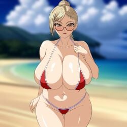 akiyama_kaede bikini blush cleavage glasses huge_breasts kengan_(series)