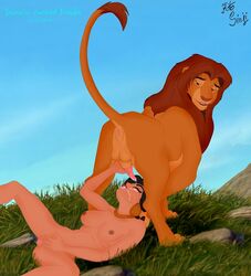 2009 aladdin animal anus balls breasts crossover cum cum_in_mouth disney disney_princess fellatio female feral human interspecies male open_mouth oral oral_sex princess_jasmine pussy raised_tail sex simba straight tail the_lion_king what zoo zoophilia