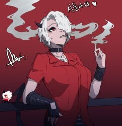 1girls cross_necklace demon_girl demon_horns demon_tail helltaker horns k3nnyn3v pierced_ears pierced_lip pierced_nose piercing red_eyes simple_background smoking t-shirt white_hair zdrada_(helltaker)