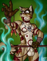 1boy anthro bodypaint furry gauru hybrid lapinbeau magic male male_only muscles necklace nude polearm skull solo staff tribal witch_doctor wolfcoon