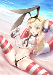 astdevir black_panties blonde_hair cameltoe kantai_collection panties shimakaze_(kantai_collection) solo spread_legs thighhighs