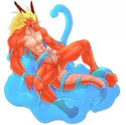 anus atelier_iris balls dragon erection gray_(character) horns male male_only muscles nipples penis red scalie tail tentacle unknown_artist