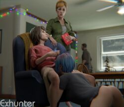 3d blue_hair bottomless brown_hair casual casual_exposure casual_sex chloe_price christmas clothing cunnilingus david_madsen exhunter female female/female female_focus free_use human hypercasual joyce_price kneeling kneeling_female life_is_strange max_caulfield oral pale_skin sweater voyeur watermark yuri