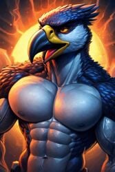 abs anthro athletic athletic_anthro athletic_male avian beak biceps bird falcon falconid feathers male muscular muscular_anthro muscular_male navel nipples nude pecs solo triceps yellow_beak