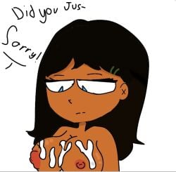 1boy1girl accidental_cumshot big_breasts black_hair breasts cum cum_on_breasts genderswap genderswap_(mtf) ibispaintx justin_(tdi) tanned_female total_drama_island trent_(tdi) unseen_male_face