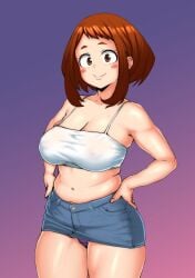 1girls casual chubby_female jean_skirt my_hero_academia nipples_visible_through_clothing ochako_uraraka panties skimpy_clothes skirt solo visible_underwear