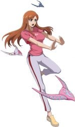 1girls big_breasts bleach bleach_soul_resonance breasts breasts brown_eyes brown_hair busty clothed clothing copyright_name curvaceous curvy extended_arms female female_focus female_only floating_hair footwear full_body fully_clothed hair_ornament hairclip hi_res inoue_orihime large_breasts long_hair looking_at_another looking_at_viewer official_art open_mouth orange_hair pants pink_shirt render shiny_hair shirt shoes short_sleeves solo solo_female solo_focus standing standing_on_one_leg t-shirt text track_pants video_game