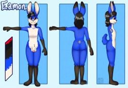 anthro ass balls black_body black_fur black_hair black_nose black_tail blue_body blue_fur cheek_tuft facial_tuft flaccid foreskin front_view fur genitals gloves_(marking) hair hi_res humanoid_genitalia humanoid_penis lagomorph leg_markings leporid looking_at_viewer male mammal markings model_sheet mouth_closed nude penis rabbit rear_view red_eyes riddlr side_view socks_(marking) solo standing tail tuft white_balls white_body white_fur white_penis