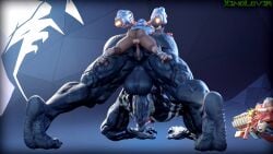 16:9 3d_(artwork) 4k absurd_res alien alien_humanoid all_fours anal anal_sex anthro anthro_penetrating anthro_penetrating_humanoid anus ass ass_up balls big_balls big_butt big_muscles big_penis black_body blender_(artwork) bottomless bottomless_anthro brown_body brown_fur clothed clothed/nude clothing digital_media_(artwork) duo emblem erection from_behind_position fur genitals guardians_of_the_galaxy gun hi_res humanoid humanoid_genitalia humanoid_on_anthro humanoid_penetrated humanoid_penis jack-o'_pose jet_pack male male/male male_penetrated male_penetrating male_penetrating_male mammal marvel marvel_rivals muscular nude penetration penile penile_penetration penis penis_in_ass perching_position pose procyonid raccoon ranged_weapon rear_view rocket_raccoon sex size_difference symbiote thekidxeno venom_(marvel) weapon widescreen