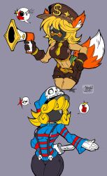 2girls backstab backstabber_(supersus) big_breasts black_pants dressed fox_ears fox_girl gloves hats knife megaphone muscles semi-anthro shorts spacesuit supersus tie tight_clothing trickster_(supersus) yellow_hair zhengfox