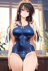 2d ai_generated big_breasts black_hair female female_focus female_only indoors kotegawa_yui long_hair school_swimsuit solo solo_female solo_focus sukumizu swimsuit tagme to_love-ru