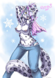 breasts color denim feline female furry jeans long_tail nipple_piercing nipples piercing rori sabretoothed_ermine snow_leopard snowflake solo spots tail thong tongue_out topless white_fur yellow_eyes