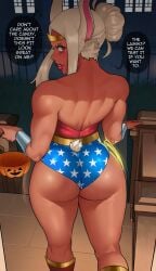 1girls ass ass_focus athletic athletic_female big_ass bubble_butt bunny_ears bunny_girl bunny_tail dark-skinned_female dc dc_comics dialogue echosaber english_text fat_ass female female_only halloween halloween_costume hi_res huge_ass jiggling_ass looking_at_viewer looking_back mirko miruko muscular muscular_female my_hero_academia rumi_usagiyama solo teasing text wonder_woman_(cosplay)