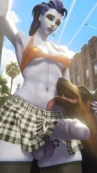 1futanari 3d 3d_(artwork) armpits black_lipstick blizzard_entertainment blue_body blue_hair canine earrings futa futanari large_penis overwatch tattoo valenok widowmaker zoophilia