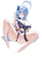 absurdres ako_(blue_archive) bare_legs bare_shoulders barefoot blue_archive blue_hair blush bra breasts butterfly_hair_ornament closed_mouth female gehenna_academy_student gurami_(zangizarang) hair_ornament highres huge_breasts lace_trim lingerie looking_at_viewer prefect_team_(blue_archive) solo spread_legs thick_thighs thigh_strap thighs underwear underwear_only white_background