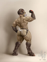 1boy 2010 anhes anthro artist_logo ass beefy caprine fluffy_tail furry goat hooves horns jockstrap male male_only muscles muscular muscular_male no_visible_genitalia pose posing ram shaggy_fur showing_off solo standing tan_fur