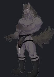 2024 abs anthro barazoku barely_visible_genitalia barely_visible_penis biceps big_muscles big_penis biped bodily_fluids canid canine canis cum genital_fluids genitals glans half-erect humanoid_genitalia humanoid_penis kuraler leaking_cum male mammal muscular muscular_anthro muscular_male pecs penis semi-transparent_bottom shocked solo stripper sweat sweatdrop wolf