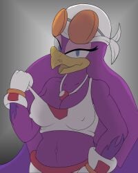 absurd_res avian bare_shoulders bird blue_eyes bottomwear breasts cleavage clothed clothing eyewear female flame_markings glasses gloves handwear hi_res jewelry kerchief looking_at_viewer markings midriff navel necklace nipples nipples_visible_through_clothing open_mouth pants purple_body sega shirt small_breasts solo sonic_(series) sonic_riders sonic_the_hedgehog_(series) third-party_edit topwear tube_top undressing valthers wave_the_swallow