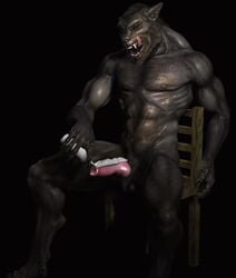 1boy 3d anthro black erection fur furry male male_only muscles nude penis pose solo spreading wooky