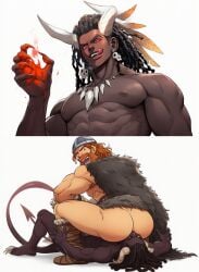2boys ai_generated ass bara beard dark-skinned_male dark-skinnedsub defeated demon demon_boy demon_horns facesitting human_on_humanoid humanoid instant_loss_2koma laughing male male/male male_only muscles muscular muscular_male nude_male_clothed_male on_back orange_hair rimming smiling tail viking viking_helmet white_background yaoi