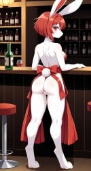 1girls 2024 ai_generated anthro apron apron_only ass ass_focus back_view blushing bubble_butt digitigrade female female_only furry hi_res indoors innie_pussy looking_at_viewer looking_back nude nude_female pussy rabbit red_eyes red_hair short_hair smile waitress white_fur