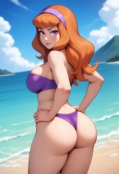 1girls ai_generated ass bewitching_thighs caucasian_female cloudy_sky daphne_blake dumptruck_ass hairband hands_on_hips hanna-barbera looking_at_viewer looking_back non-web_source novelai orange_hair pawg purple_swimsuit scooby-doo self_upload someraindropsonroses_(artist) strapless_bra