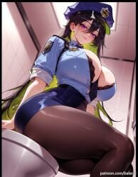 ai_generated balecxi between_breasts black_bra black_hair blue_shirt cleavage colored_inner_hair female goddess_of_victory:_nikke green_hair guilty_(nikke) large_breasts long_hair looking_at_viewer necktie pantyhose patreon_username police police_hat police_uniform policewoman purple_eyes sitting skirt smile solo thighs toilet underwear