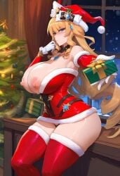 1girls ai_generated angry areolae armpits bangs bare_shoulders black_panties blonde_hair blue_eyes blush box breasts breasts_out choker christmas christmas_outfit detached_sleeves dress elbow_gloves eyebrows_visible_through_hair fur_trim genshin_impact gift gloves hair_between_eyes hat huge_breasts incoming_gift long_hair looking_at_viewer microskirt navia_(genshin_impact) nipples panties racerai santa_costume shiny solo star_(symbol) strapless thighhighs thighs thong very_long_hair white_gloves