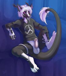 anklet anthro barefoot black_fur bottomless bracelet chinese_dragon claws closed_mouth clothes color dodedo dragon erection front_view fur furry furry_ears hair hindpaw horns krauti_mercedes looking_at_viewer magenta_eyes male male_only mercedes_symbol open_eyes penis pointy_ears shirt sitting solo tail testicles uncut