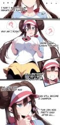 1girls ai_generated big_breasts blue_eyes blue_shirt blush brown_hair clenched_teeth comic double_bun english_text furrowed_brow genderswap_(mtf) grabbing_own_breast hat maayka multiple_views pantyhose pantyhose_under_shorts pokemon pokemon_bw2 rosa_(pokemon) spoken_question_mark twintails two-tone_shirt visor_cap white_pupils white_shirt yellow_shorts