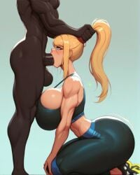 ai_generated dark-skinned_male deepthroat fellatio hair_grab huge_ass huge_breasts irrumatio ponytail samus_aran thick_thighs