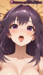 1girls ahoge ai_generated anime anime_style asian bangs bed_sheet blush breasts bust busty cleavage close-up collarbone dakimakura_(medium) female female_focus female_only female_solo hair_flaps hentai koshi_anko large_breasts lips long_hair looking_at_viewer lying mole my_deer_friend_nokotan natsuyoru nude nude_female on_back open_mouth out-of-frame_censoring purple_eyes purple_hair shiny solo solo_female teeth tongue tongue_out upper_body upper_teeth_only voluptuous voluptuous_female