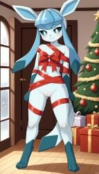 1girls 2024 ai_generated anthro blue_body blue_eyes blushing bow christmas christmas_tree digitigrade eeveelution female female_only generation_4_pokemon glaceon gloves_(marking) hi_res holidays indoors innie_pussy looking_at_viewer nintendo nude nude_female pokemon pokemon_(species) pussy ribbon smile snow snowing socks_(marking)