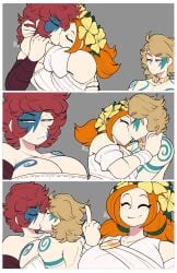 1boy 2girls blonde_hair conniesky3 england_(yuric_inc) female flower_crown grandyuric ireland_(yuric_inc) kissing male orange_hair personification red_hair scotland_(yuric_inc) signature tattoos threesome watermark yuric_inc