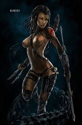 1girls alien_(franchise) alien_vs_predator black_hair breasts claw dark_hair dreadlocks female female_focus female_pubic_hair human long_hair machiko_noguchi nipples nude nudity predator_(franchise) pubes pubic_hair skribblix tagme weapon xenomorph