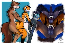 3:2 akio anthro arm_tattoo ass athletic balls big_butt blue_body blue_eyes blue_fur blush bodily_fluids cain_the_dingo canid canine canis cum cum_inside dingo ejaculation felid felix_grey femboy fur genital_fluids genitals group group_sex hi_res holding_waist hybrid hyena knot knotting kyubimaru looking_back looking_pleasured male male/male mammal markings multicolored_body multicolored_fur muscular muscular_anthro orange_body orange_fur pantherine patterned_fur red_nose sex size_difference smile smirk spots spotted_body spotted_fur standing striped_body striped_fur stripes tail_wrapped_around tattoo threesome tiger train trio two_perspectives vehicle white_butt wolf yellow_eyes