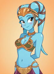 1female 1girls 2d 2d_(artwork) 2d_artwork aayla_secura alien alien_girl alien_humanoid alien_look_like_human atiirot bare_arms bare_legs bare_midriff bare_shoulders bare_thighs belly_button bikini bikini_top blue_eyeshadow blue_skin blue_skinned_female blush blush blush_lines bra brown_eyes cleavage collar different_artstyle eyelashes eyeshadow female female_only girl girl_only gold_(metal) gold_collar gold_jewelry gold_tiara golden_collar golden_tiara green_bikini green_bikini_top green_bra half_naked highlights_(coloring) hourglass_figure hourglass_figured_female loincloth metal_collar midriff navel only_female only_girl orange_background red_loincloth slave slave_bikini slave_collar slave_leia slave_leia_(cosplay) slave_outfit slavegirl star_wars tiara twilek