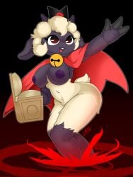 anthro areola big_breasts book bovid breasts cape caprine clothing cult_of_the_lamb female hi_res horn lamb_(cult_of_the_lamb) mammal massive_monster_(studio) mostly_nude nipples open_mouth sheep solo tail theorangepumpkin thick_thighs