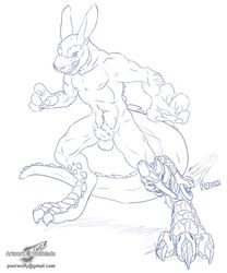 1boy balls cyborg dinosaur hybrid kangaroo male male_only marsupial pose scalie sheath solo t-rex wolfblade