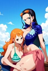 2girls ai_generated big_ass big_breasts big_butt bikini blush blushing_female blushing_profusely bubble_ass bubble_butt caressing_thigh cleavage deep_cleavage dripping duo duo_female face_between_breasts female female_only hand_on_thigh head_between_breasts head_on_breasts huge_ass huge_breasts large_breasts looking_at_viewer massive_breasts nami nami_(one_piece) narrow_waist nico_robin one_piece posing posing_for_the_viewer self_upload smile smiling_at_viewer sweatdrop sweating sweaty sweaty_body sweaty_breasts sweaty_butt thick_thighs wide_hips yeetyboi5000 yuri