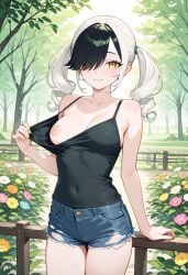 ai_generated bang_between_eye bangs black_hair blue_jeans civitai civitai_lora cookiasncream emo emo_haircut exhibitionism exhibitionist exposed_breast hilda_esmíc_(character) kaybur_(series) la_gran_guerra_(series) light-skinned_female one_breast_out short short_blue_jean short_hair shorts twintails twitter twitter_link twitter_username white_hair yellow_eyes