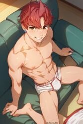 abs ai_generated couch dandadan earrings house imminent_sex jin_enjoji male muscle muscular_male naked_male red_hair smile underwear