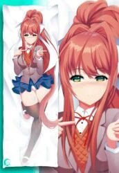 blue_skirt breasts dakimakura dakimakura_design doki_doki_literature_club green_eyes mitgard-knight mitgardknight monika_(doki_doki_literature_club) panties skirt