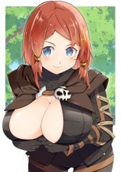 1girl absurdres assassin blue_eyes blush breasts cleavage commission forest gloves hair_ornament hair_tubes highres hood hooded_sweater kinako_(mzknk0) large_breasts looking_at_viewer nature official_alternate_costume red_hair rose_(scattered_bones_outfit)_(tales) rose_(tales) short_hair smile solo sweater tales_of_(series) tales_of_zestiria tree unbuttoning