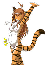 anthro breasts brown brown_hair chest_tuft closed_eyes edit feline female flora_(twokinds) fur furry hair navel nipples nude open_mouth orange_body orange_fur plain_background pregnant pussy small_breasts solo standing stretching stripes tail tiger tom_fischbach twokinds white_background white_fur