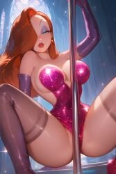 ai_generated bedroom_eyes cleavage crotch half-closed_eyes high_heels jessica_rabbit large_breasts leotard lips looking_at_viewer narrowed_eyes pole pole_dancing seductive spread_legs squatting stockings stripper_pole targyria_(ai_generator) who_framed_roger_rabbit