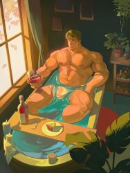 1boy abs absurdres alternate_muscle_size anoko_nai bara bathtub blonde_hair bottle candle claw_foot_bathtub commentary completely_nude cup drinking_glass dungeon_meshi flower_pot food fork glint highres holding holding_cup in_bathtub indoors knife laios_touden large_pectorals male_focus muscular muscular_male nipples nude pectorals penis plant potted_plant short_hair solo thighs water window wine_bottle wine_glass yellow_eyes