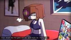 1girls angry_face angry_female annoyed bed bedroom denied_sex imminent_sex jenny_belle_(slipperyt) minecraft nintendo_switch painting pov self_insert sigh smash_bros video_games viewer_insert